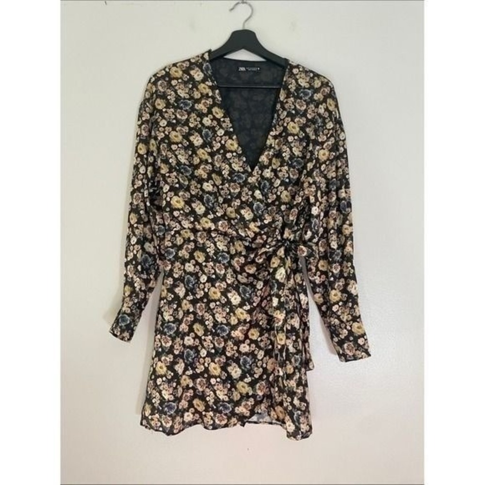 Zara Wrap Mini Dress Floral Long Sleeve Black Yellow Blue Size M Cottagecore